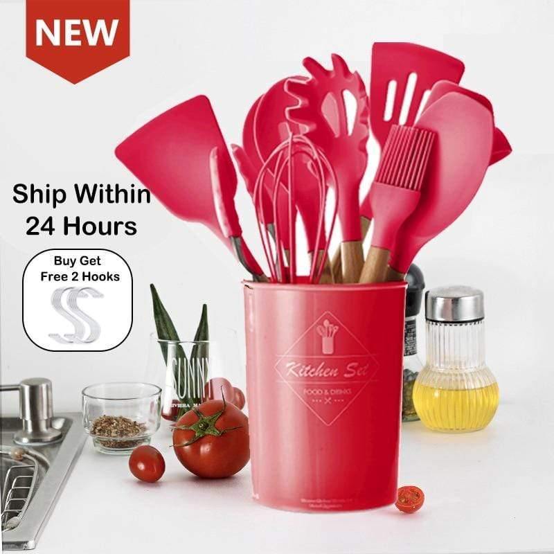 10/11/12/13 PCS Kitchen Utensils Set Red Cooking Utensils Set Silicone Kitchen Tools Gadgets Wooden Spatula Set with Holder box