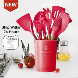 10/11/12/13 PCS Kitchen Utensils Set Red Cooking Utensils Set Silicone Kitchen Tools Gadgets Wooden Spatula Set with Holder box