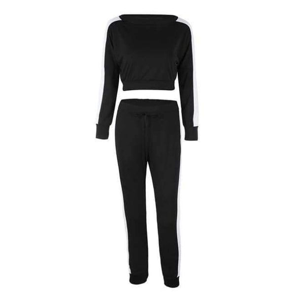 Planet Gates 10 black / L Long Sleeve Crop Tops And Legging Two Piece Sets Women 2018 Autumn Winter Streetwear Patchwork Pink Sporty Women Suit