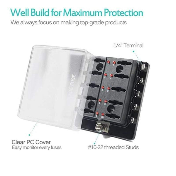 Planet Gates 10-Circuit 10 Way ATC/ATO Automotive Blade Fuse Holder Box Fuse Block with Cover High Quality Car LED Illuminated 32V