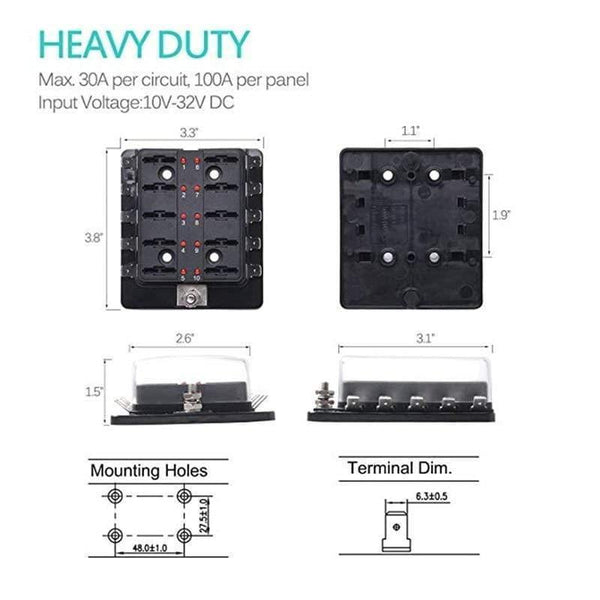 Planet Gates 10-Circuit 10 Way ATC/ATO Automotive Blade Fuse Holder Box Fuse Block with Cover High Quality Car LED Illuminated 32V