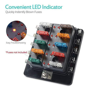 Planet Gates 10-Circuit 10 Way ATC/ATO Automotive Blade Fuse Holder Box Fuse Block with Cover High Quality Car LED Illuminated 32V