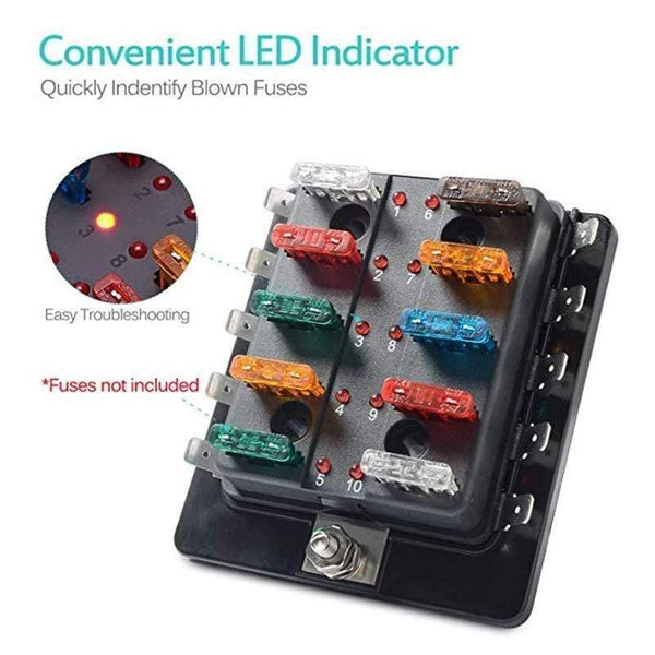Planet Gates 10-Circuit 10 Way ATC/ATO Automotive Blade Fuse Holder Box Fuse Block with Cover High Quality Car LED Illuminated 32V