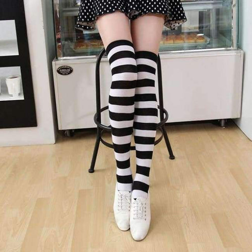 Planet Gates 10 / One Size Long Knee Socks Striped Cotton Thigh High Lady's Over The Knee Stockings 2018 Thin Stripes High Tube Color Stripes Socks