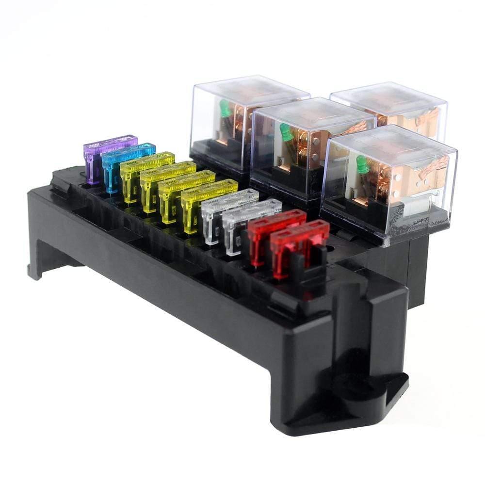 10 Way Fuse Box 5-Pin Socket Base Relay Fuse Holder Block with 13Pcs Standard Blade Fuses Universal for Auto Interior Parts