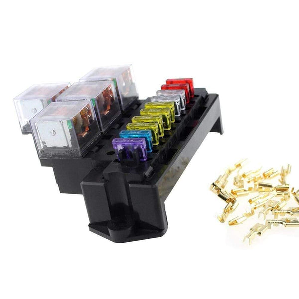 10 Way Fuse Box 5-Pin Socket Base Relay Fuse Holder Block with 13Pcs Standard Blade Fuses Universal for Auto Interior Parts