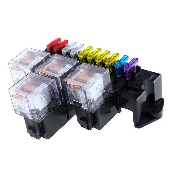 10 Way Fuse Box 5-Pin Socket Base Relay Fuse Holder Block with 13Pcs Standard Blade Fuses Universal for Auto Interior Parts