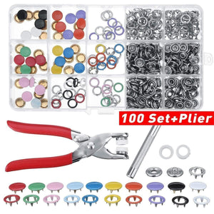 Planet Gates 100 Sets and Plier 9.5/10mm 100/200Sets Metal Clothes Sewing Buttons Prong Ring Press Studs Snap Fasteners + Clip Pliers Sewing accessories DIY