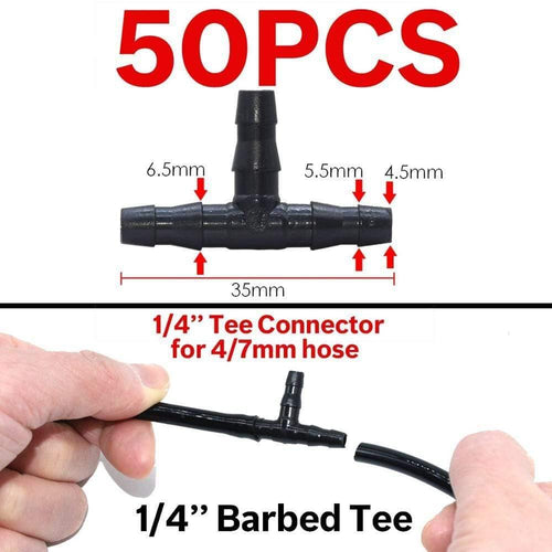 Planet Gates 100001834 KSL01-010-50PCS Garden Water Connector Drip Irrigation For 1/4'' & 1/8'' Tubing Hose Accessories Joint Barbed Tees Cross Eng Plug Adaptors