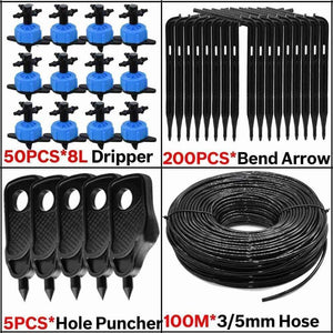 Planet Gates 100001834 KSL01-KIT122-8L-100M 8L Greenhouse Drip Irrigation 4-way Bend Drip Arrow Kit 3/5mm Hose Garden Irrigation System  Watering Kit 5-50 Set