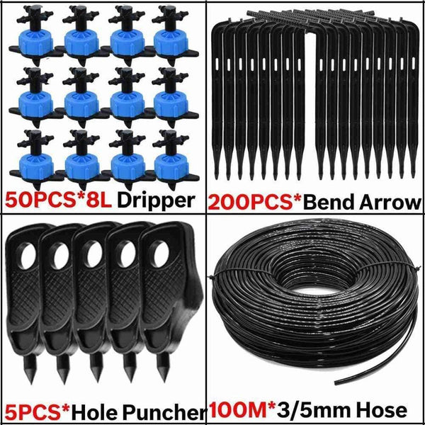 Planet Gates 100001834 KSL01-KIT122-8L-100M 8L Greenhouse Drip Irrigation 4-way Bend Drip Arrow Kit 3/5mm Hose Garden Irrigation System  Watering Kit 5-50 Set