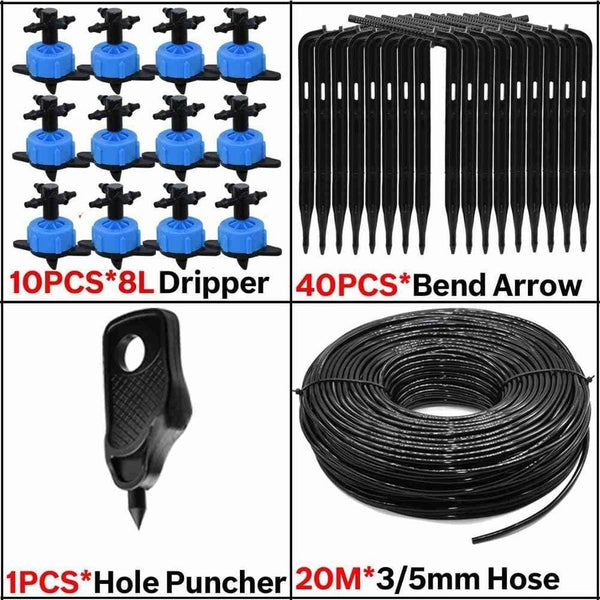 Planet Gates 100001834 KSL01-KIT122-8L-20M 8L Greenhouse Drip Irrigation 4-way Bend Drip Arrow Kit 3/5mm Hose Garden Irrigation System  Watering Kit 5-50 Set
