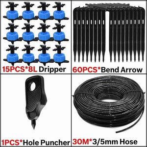 Planet Gates 100001834 KSL01-KIT122-8L-30M 8L Greenhouse Drip Irrigation 4-way Bend Drip Arrow Kit 3/5mm Hose Garden Irrigation System  Watering Kit 5-50 Set