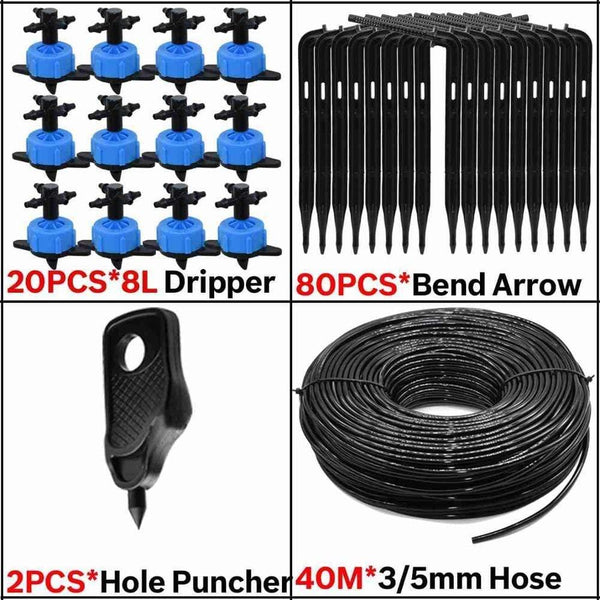 Planet Gates 100001834 KSL01-KIT122-8L-40M 8L Greenhouse Drip Irrigation 4-way Bend Drip Arrow Kit 3/5mm Hose Garden Irrigation System  Watering Kit 5-50 Set