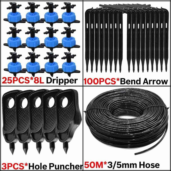 Planet Gates 100001834 KSL01-KIT122-8L-50M 8L Greenhouse Drip Irrigation 4-way Bend Drip Arrow Kit 3/5mm Hose Garden Irrigation System  Watering Kit 5-50 Set
