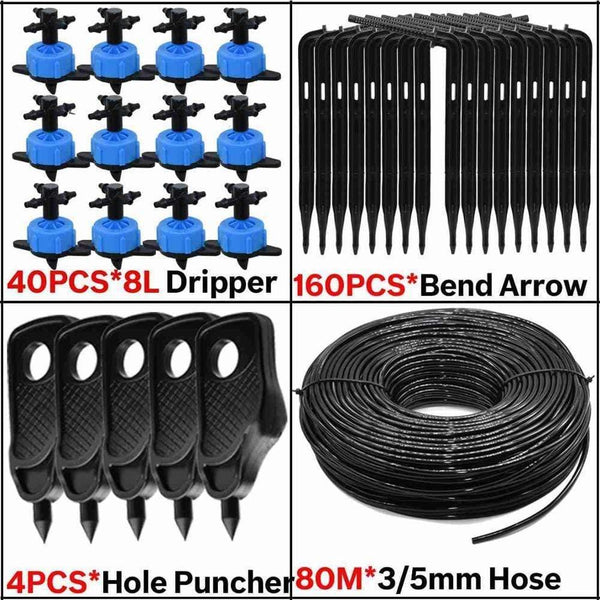 Planet Gates 100001834 KSL01-KIT122-8L-80M 8L Greenhouse Drip Irrigation 4-way Bend Drip Arrow Kit 3/5mm Hose Garden Irrigation System  Watering Kit 5-50 Set