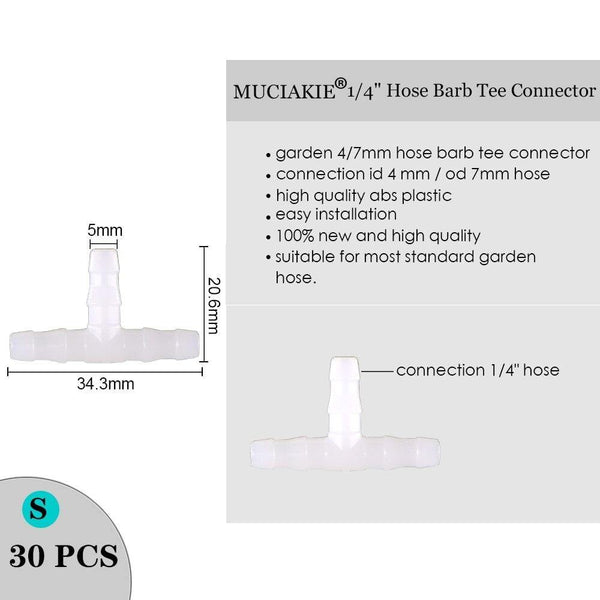Planet Gates 100001834 S Sprinkler Irrigation 1/4 Inch Barb Tee Single Double Barb Barbed Water Pipe Connectors For 4/7mm Hose Garden Fitting
