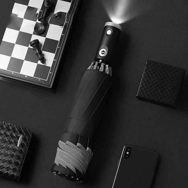 Planet Gates 100004777 Black Automatic Umbrella With Reflective Stripe Reverse Led Light Umbrella Three Folding Inverted 10 Ribs Windproof Umbrellas Travel