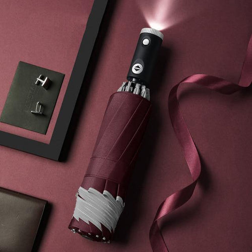 Planet Gates 100004777 Red Automatic Umbrella With Reflective Stripe Reverse Led Light Umbrella Three Folding Inverted 10 Ribs Windproof Umbrellas Travel