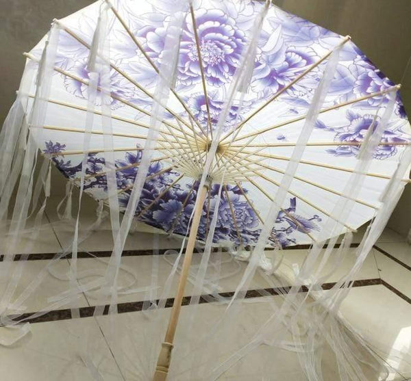 Planet Gates 100004777 white blue B Silk Cloth Lace Umbrella Women Costume Photography Props Tasseled Umbrella Yarned Chinese Classical Oil-paper Umbrella Parasol