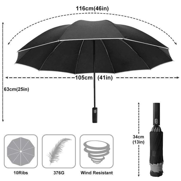 Planet Gates 100004777 Windproof Reverse Automatic 3Folding Umbrella Rain For Men Women 10 Ribs Reflective Stripe Portable Female Umbrella Male Parasol