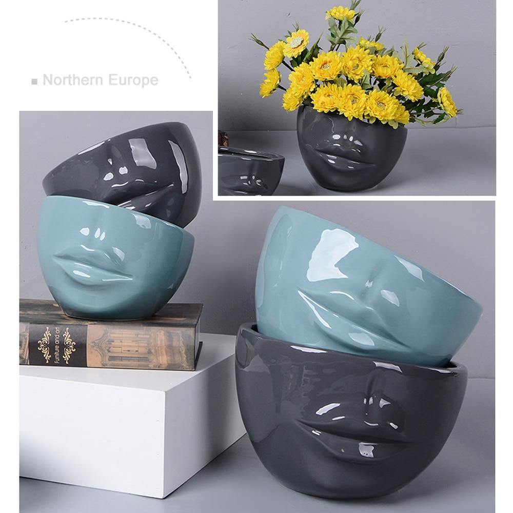 Planet Gates 100005865 Flower Pot Home Decoration Creative Human Face Mouth Ceramic Art Flower Pot Home Green Plant Succulent Flower Decoration Vase