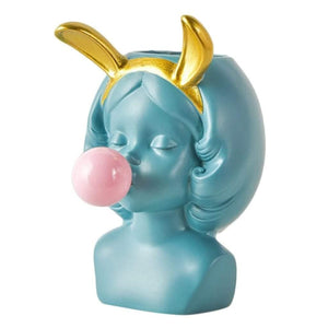 Planet Gates 100005865 Green with Rabbit E Cute Girl Blowing Bubbles Succulent Planters Vinyl Flower Pot For Home Tabletop Decor, Various Styles Available