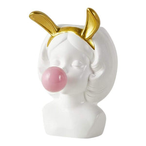 Planet Gates 100005865 White with Rabbit E Cute Girl Blowing Bubbles Succulent Planters Vinyl Flower Pot For Home Tabletop Decor, Various Styles Available