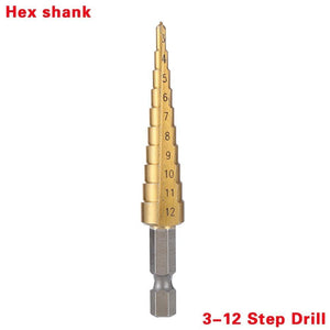 Planet Gates 100007505 3-12 Hex Shank 3pcs HSS Steel Titanium Step Drill Bit Hand Tool Sets 3-12 4-12 4-20 4-32mm Step Cone Cutt Woodworking Wood Metal Drill Bit Set