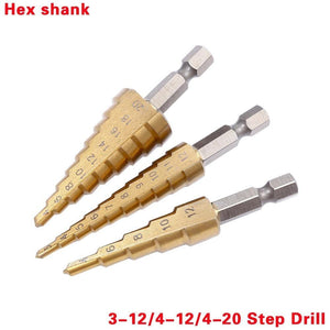 Planet Gates 100007505 3pcs 4-12 3-12 4-20 3pcs HSS Steel Titanium Step Drill Bit Hand Tool Sets 3-12 4-12 4-20 4-32mm Step Cone Cutt Woodworking Wood Metal Drill Bit Set