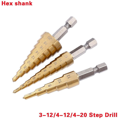 Planet Gates 100007505 3pcs 4-12 3-12 4-20 3pcs HSS Steel Titanium Step Drill Bit Hand Tool Sets 3-12 4-12 4-20 4-32mm Step Cone Cutt Woodworking Wood Metal Drill Bit Set