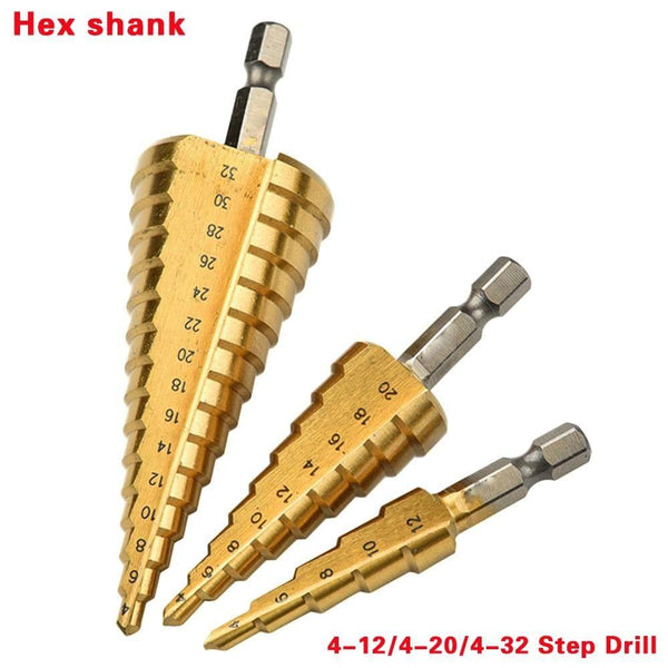 3pcs HSS Steel Titanium Step Drill Bit Hand Tool Sets 3-12 4-12 4-20 4-32mm Step Cone Cutt Woodworking Wood Metal Drill Bit Set