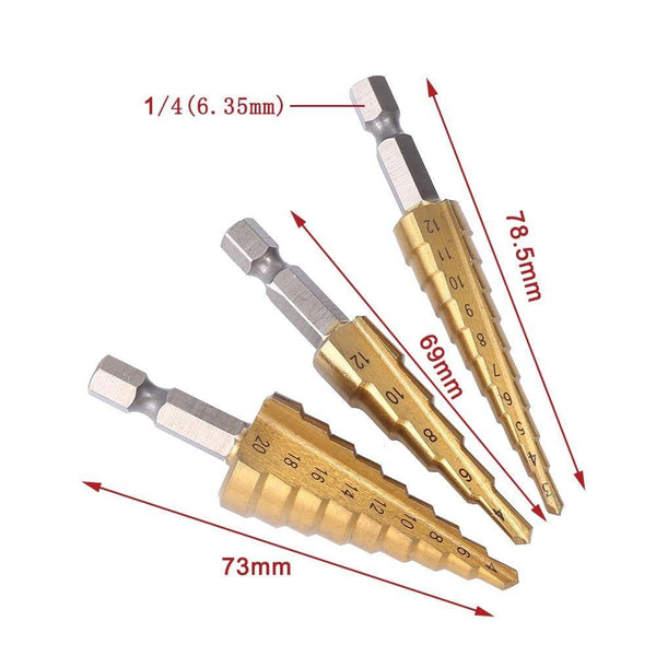 Planet Gates 100007505 3pcs HSS Steel Titanium Step Drill Bit Hand Tool Sets 3-12 4-12 4-20 4-32mm Step Cone Cutt Woodworking Wood Metal Drill Bit Set