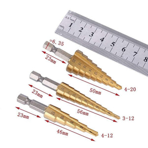 Planet Gates 100007505 3pcs HSS Steel Titanium Step Drill Bit Hand Tool Sets 3-12 4-12 4-20 4-32mm Step Cone Cutt Woodworking Wood Metal Drill Bit Set