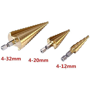 Planet Gates 100007505 3pcs HSS Steel Titanium Step Drill Bit Hand Tool Sets 3-12 4-12 4-20 4-32mm Step Cone Cutt Woodworking Wood Metal Drill Bit Set