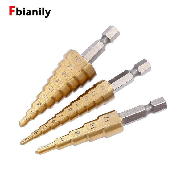 Planet Gates 100007505 3pcs HSS Steel Titanium Step Drill Bit Hand Tool Sets 3-12 4-12 4-20 4-32mm Step Cone Cutt Woodworking Wood Metal Drill Bit Set
