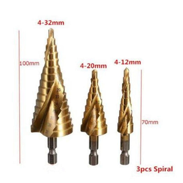 Planet Gates 100007505 3pcs Spiral Multi-size HSS Steel Titanium Step Drill Bits 3-12/4-12/4-20/4-32mm Step Cone Cutting Tools Steel Wood Metal Drilling