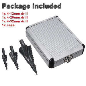 Planet Gates 100007505 3pcs with case Multi-size HSS Steel Titanium Step Drill Bits 3-12/4-12/4-20/4-32mm Step Cone Cutting Tools Steel Wood Metal Drilling