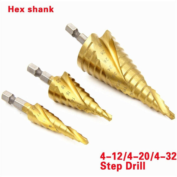 Planet Gates 100007505 3pcs4-12 4-20 4-32LX 3pcs HSS Steel Titanium Step Drill Bit Hand Tool Sets 3-12 4-12 4-20 4-32mm Step Cone Cutt Woodworking Wood Metal Drill Bit Set