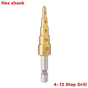 Planet Gates 100007505 4-12 Hex Shank 3pcs HSS Steel Titanium Step Drill Bit Hand Tool Sets 3-12 4-12 4-20 4-32mm Step Cone Cutt Woodworking Wood Metal Drill Bit Set
