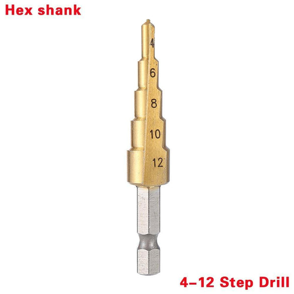 Planet Gates 100007505 4-12 Hex Shank 3pcs HSS Steel Titanium Step Drill Bit Hand Tool Sets 3-12 4-12 4-20 4-32mm Step Cone Cutt Woodworking Wood Metal Drill Bit Set