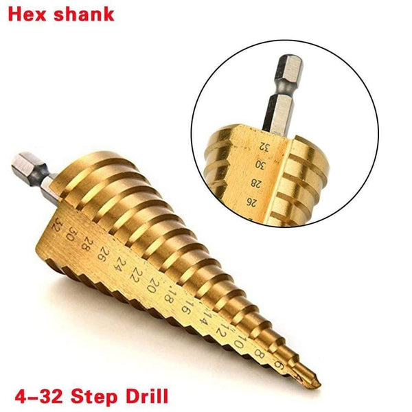 Planet Gates 100007505 4-32 Hex Shank 3pcs HSS Steel Titanium Step Drill Bit Hand Tool Sets 3-12 4-12 4-20 4-32mm Step Cone Cutt Woodworking Wood Metal Drill Bit Set