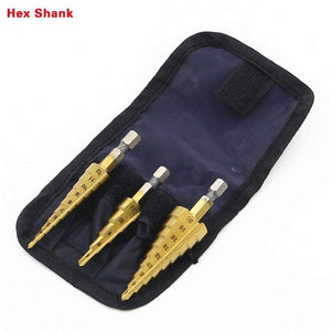 Planet Gates 100007505 Bagged4-12 3-12 4-20 3pcs HSS Steel Titanium Step Drill Bit Hand Tool Sets 3-12 4-12 4-20 4-32mm Step Cone Cutt Woodworking Wood Metal Drill Bit Set