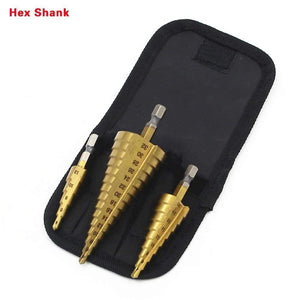 Planet Gates 100007505 Bagged4-12 4-20 4-32 3pcs HSS Steel Titanium Step Drill Bit Hand Tool Sets 3-12 4-12 4-20 4-32mm Step Cone Cutt Woodworking Wood Metal Drill Bit Set