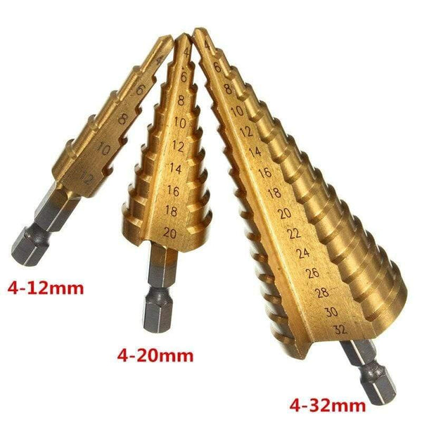 Planet Gates 100007505 Multi-size HSS Steel Titanium Step Drill Bits 3-12/4-12/4-20/4-32mm Step Cone Cutting Tools Steel Wood Metal Drilling