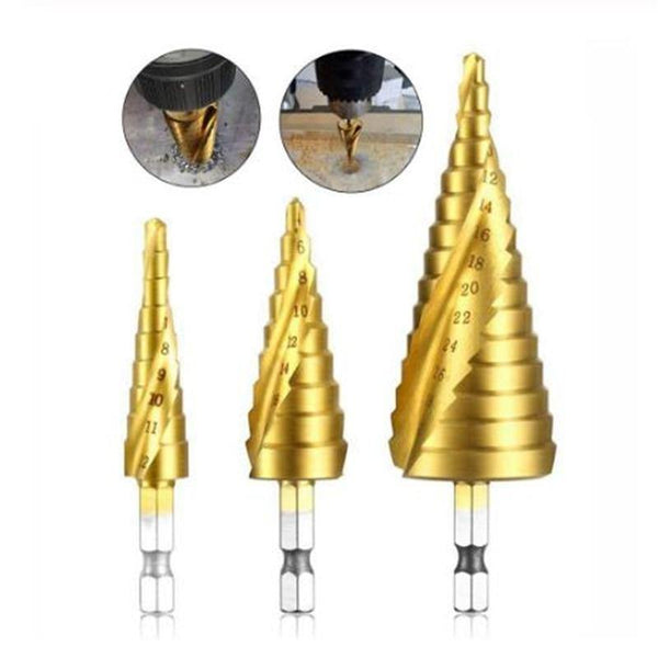 Planet Gates 100007505 Multi-size HSS Steel Titanium Step Drill Bits 3-12/4-12/4-20/4-32mm Step Cone Cutting Tools Steel Wood Metal Drilling