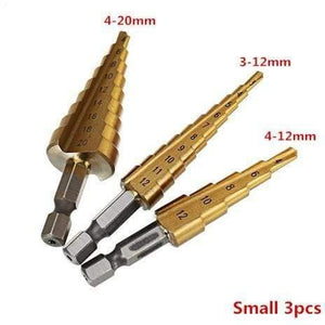 Planet Gates 100007505 Small 3pcs Multi-size HSS Steel Titanium Step Drill Bits 3-12/4-12/4-20/4-32mm Step Cone Cutting Tools Steel Wood Metal Drilling
