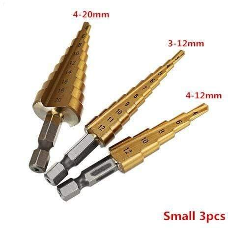 Planet Gates 100007505 Small 3pcs Multi-size HSS Steel Titanium Step Drill Bits 3-12/4-12/4-20/4-32mm Step Cone Cutting Tools Steel Wood Metal Drilling