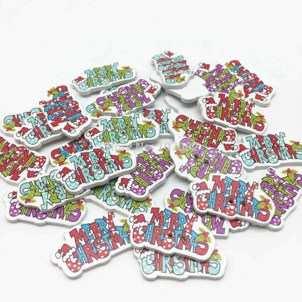 Planet Gates 100pcs 19x35mm Wood Merry Christmas Sewing Buttons Xmas 2 Holes Button Embellishments Scrapbooking Cardmaking Crafts