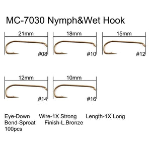 Planet Gates 100pcs 4#-22# Fish-Friendly Barbed Fly Fishing Hooks Dry&Wet&Nymph&Shrimp Caddis Pupa Streamer Fly Hooks